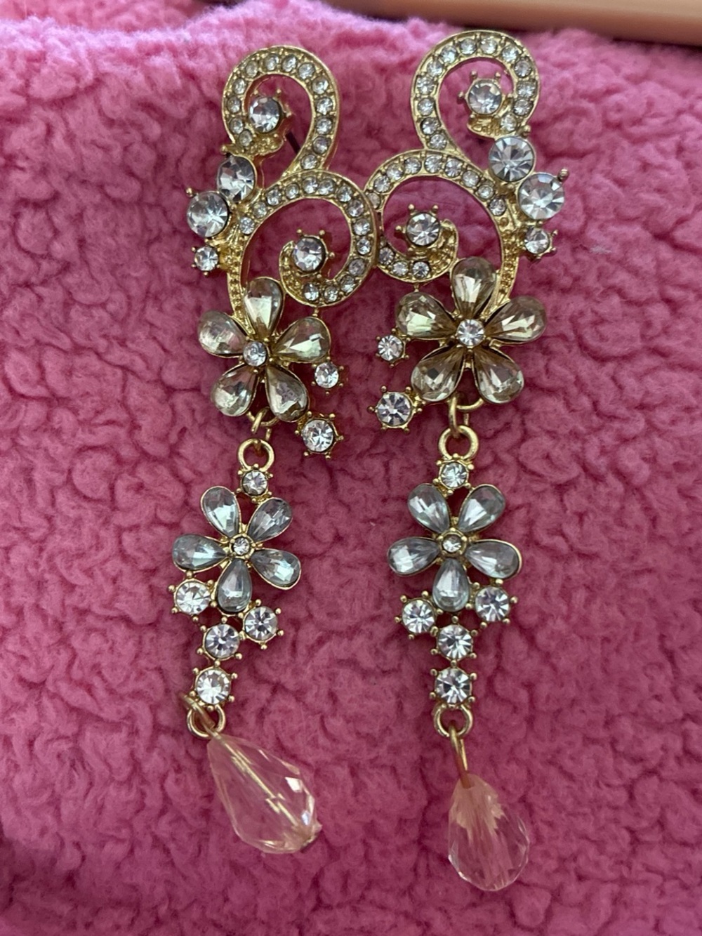 Gold-Tone Crystal Floral Drop Earrings with Pink Teardrop Accent